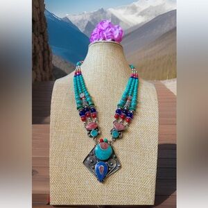 Vintage & Elegant Multi Strand Ethnic Tribal Silver & Stones Pendant Necklace
